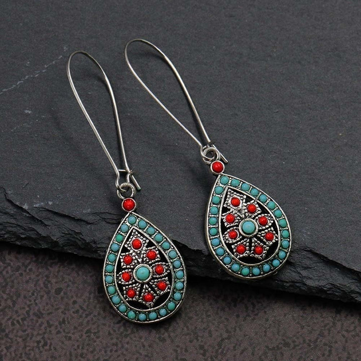 Bohemian Women Beads Faux Turquoise Inlaid Hollow Teardrop Dangle Hook Earrings Image 4