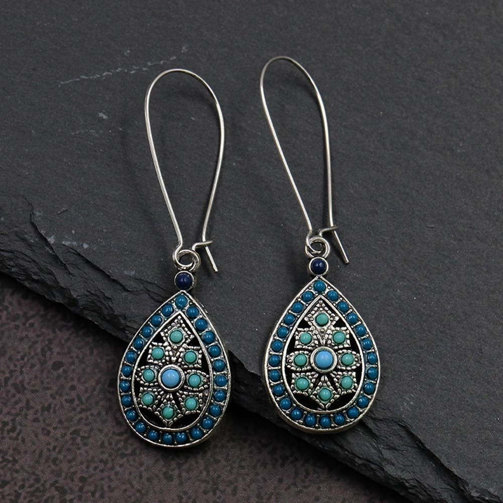 Bohemian Women Beads Faux Turquoise Inlaid Hollow Teardrop Dangle Hook Earrings Image 4