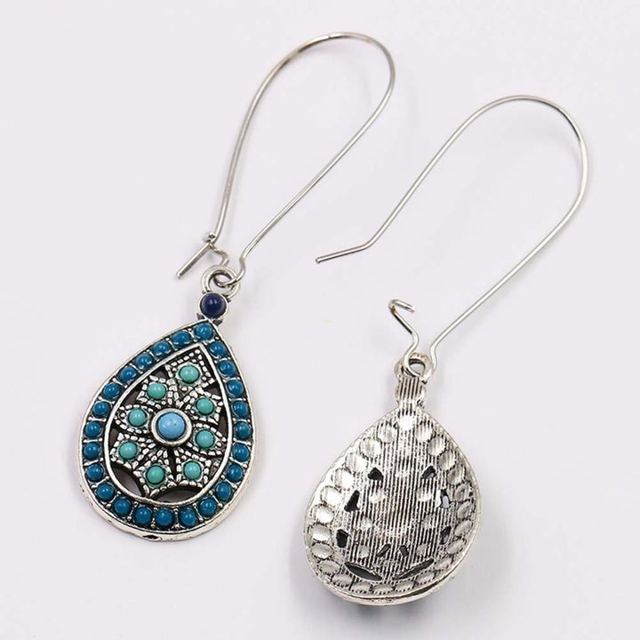 Bohemian Women Beads Faux Turquoise Inlaid Hollow Teardrop Dangle Hook Earrings Image 6