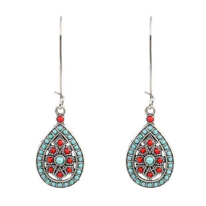 Bohemian Women Beads Faux Turquoise Inlaid Hollow Teardrop Dangle Hook Earrings Image 7