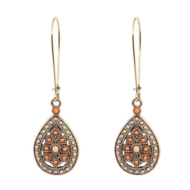 Bohemian Women Beads Faux Turquoise Inlaid Hollow Teardrop Dangle Hook Earrings Image 8