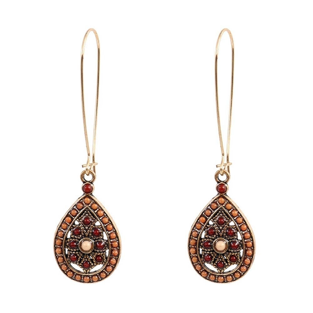 Bohemian Women Beads Faux Turquoise Inlaid Hollow Teardrop Dangle Hook Earrings Image 9