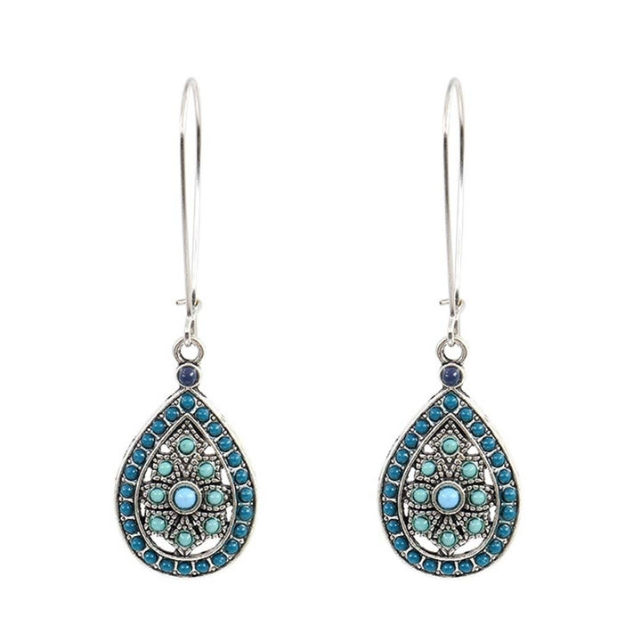 Bohemian Women Beads Faux Turquoise Inlaid Hollow Teardrop Dangle Hook Earrings Image 10