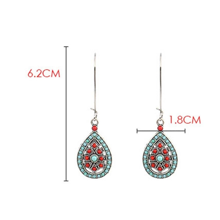 Bohemian Women Beads Faux Turquoise Inlaid Hollow Teardrop Dangle Hook Earrings Image 11