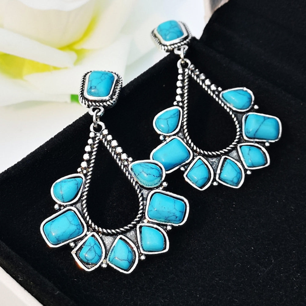 Ladies Faux Turquoise Inlaid Teardrop Drop Stud Earrings Statement Jewelry Gift Image 6