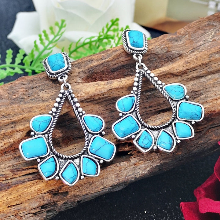 Ladies Faux Turquoise Inlaid Teardrop Drop Stud Earrings Statement Jewelry Gift Image 7