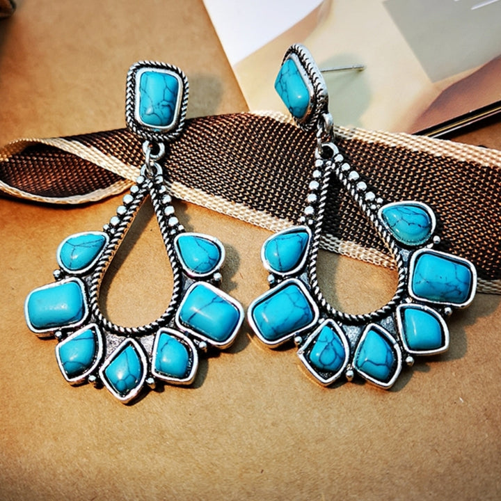 Ladies Faux Turquoise Inlaid Teardrop Drop Stud Earrings Statement Jewelry Gift Image 8