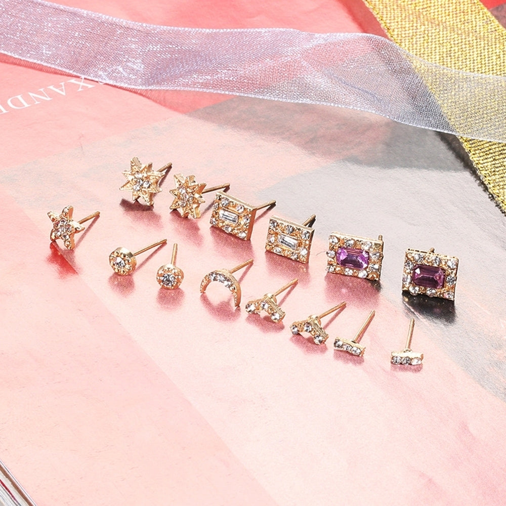 7Pairs Women Rhinestone Inlaid Sun Star Moon Stud Earrings Jewelry Gift Image 2