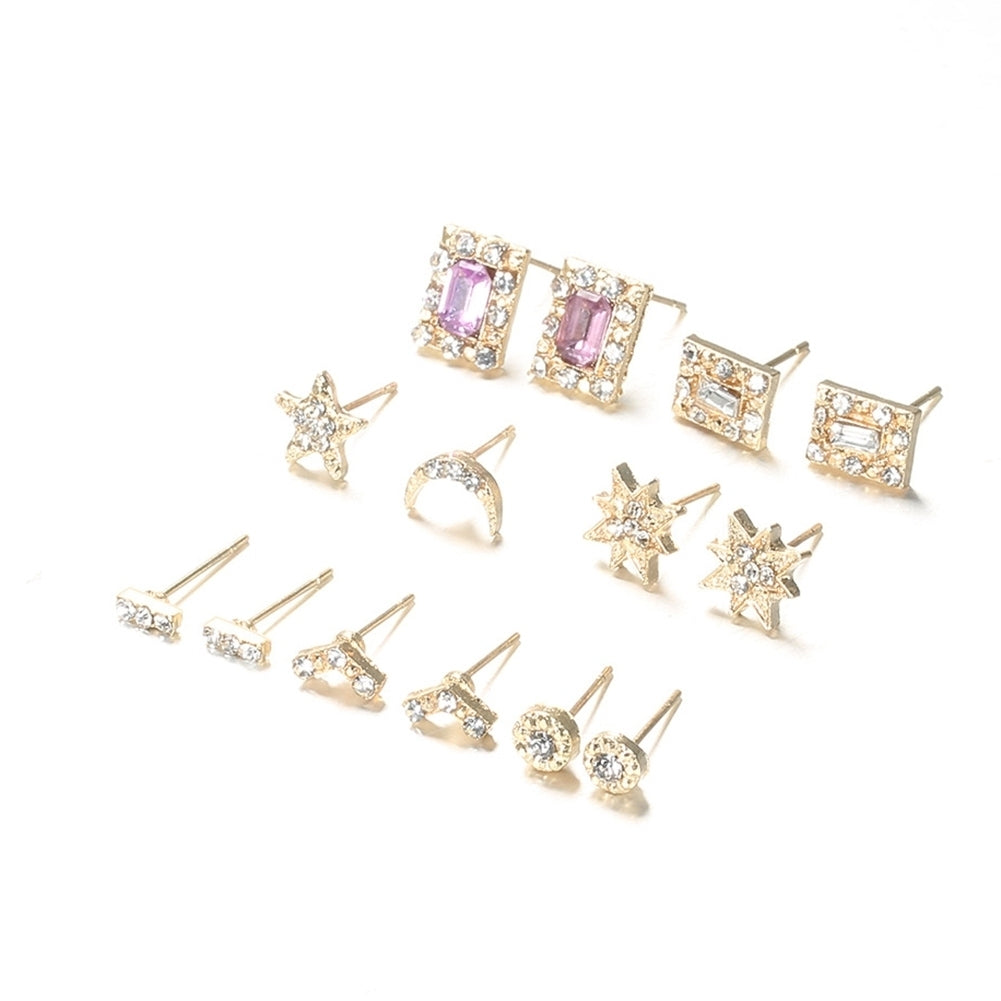 7Pairs Women Rhinestone Inlaid Sun Star Moon Stud Earrings Jewelry Gift Image 7