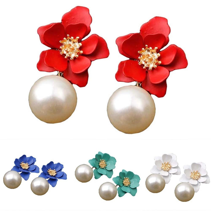 Sweet Women Faux Pearl Dangle Resin Flower Stud Earrings Summer Jewelry Gift Image 1