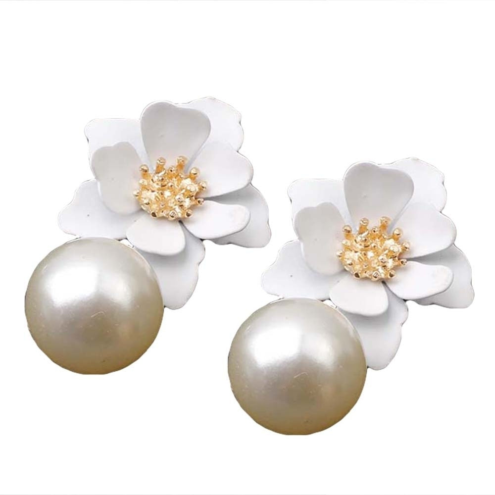 Sweet Women Faux Pearl Dangle Resin Flower Stud Earrings Summer Jewelry Gift Image 2