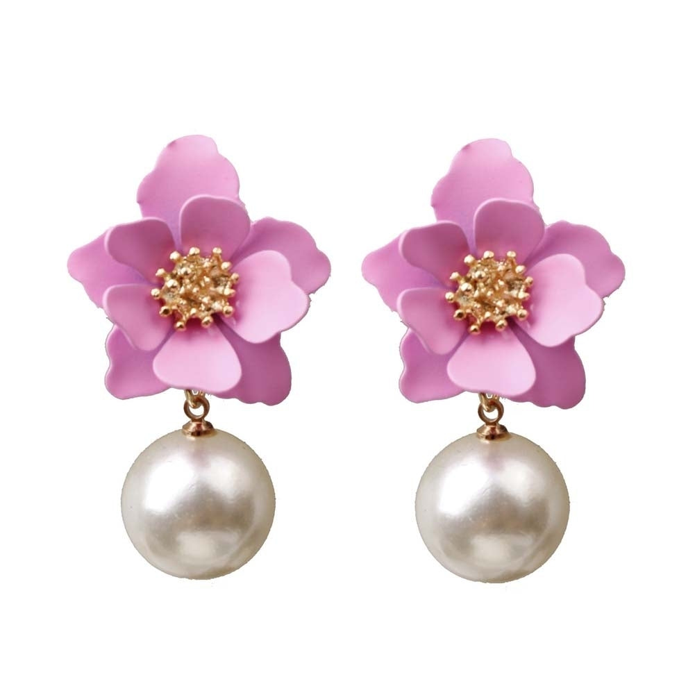 Sweet Women Faux Pearl Dangle Resin Flower Stud Earrings Summer Jewelry Gift Image 4