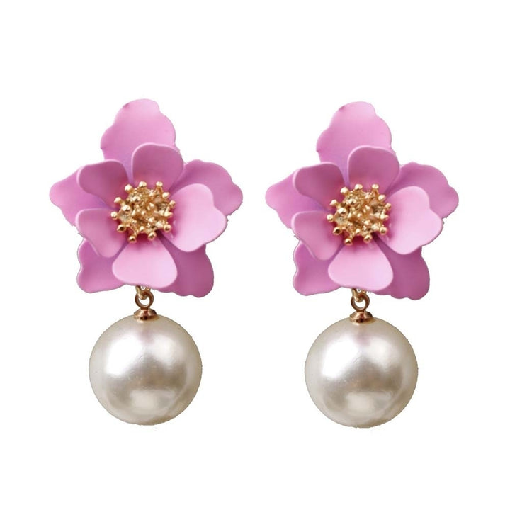 Sweet Women Faux Pearl Dangle Resin Flower Stud Earrings Summer Jewelry Gift Image 4