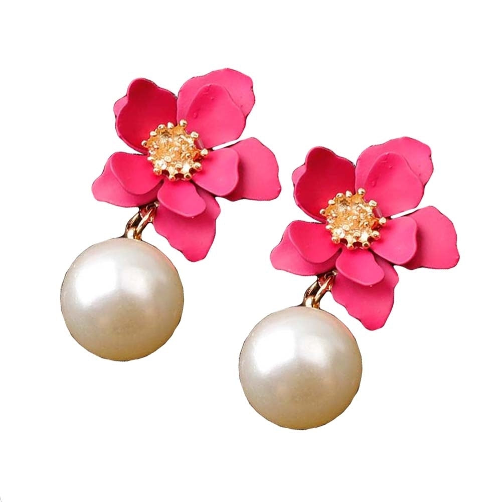 Sweet Women Faux Pearl Dangle Resin Flower Stud Earrings Summer Jewelry Gift Image 7