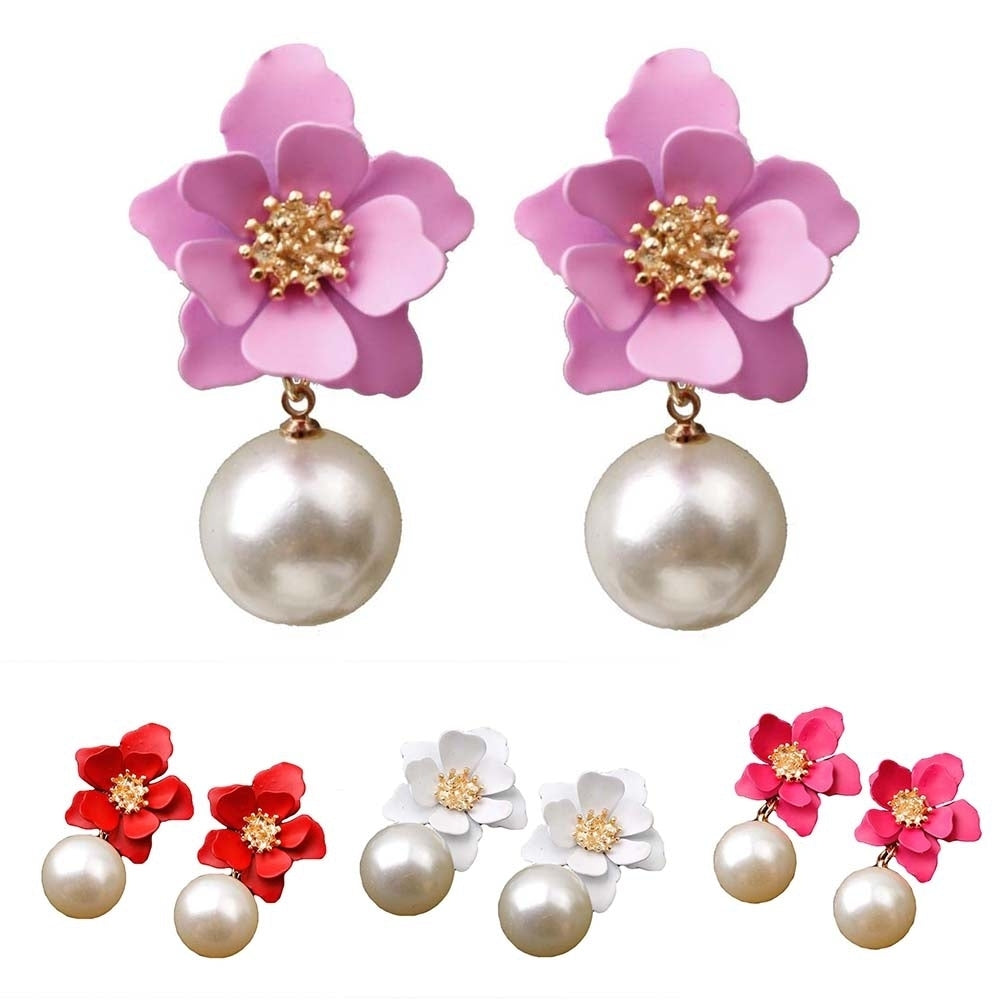 Sweet Women Faux Pearl Dangle Resin Flower Stud Earrings Summer Jewelry Gift Image 8