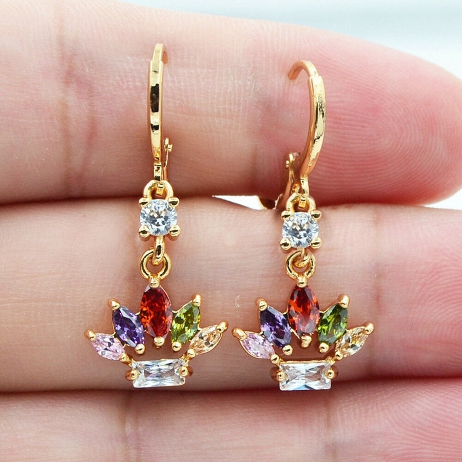 Women Multicolor Rhinestone Inlaid Crown Dangle Leverback Earrings Jewelry Gift Image 1