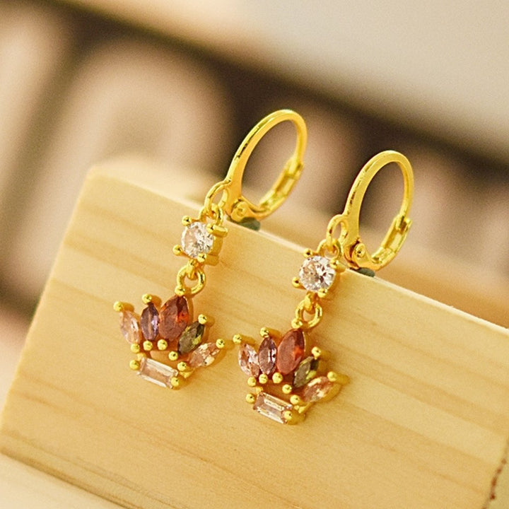 Women Multicolor Rhinestone Inlaid Crown Dangle Leverback Earrings Jewelry Gift Image 2