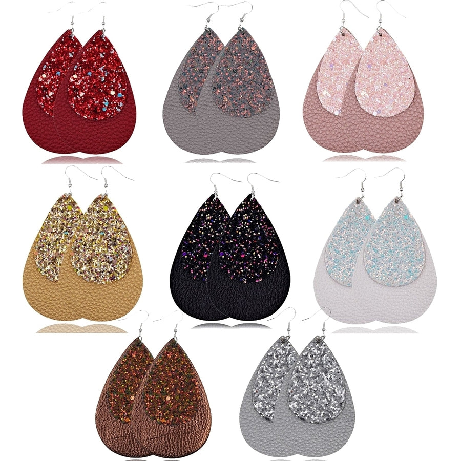 Glitter Sequins Teardrop Faux Leather Drop Dangle Statement Women Hook Earrings Image 1