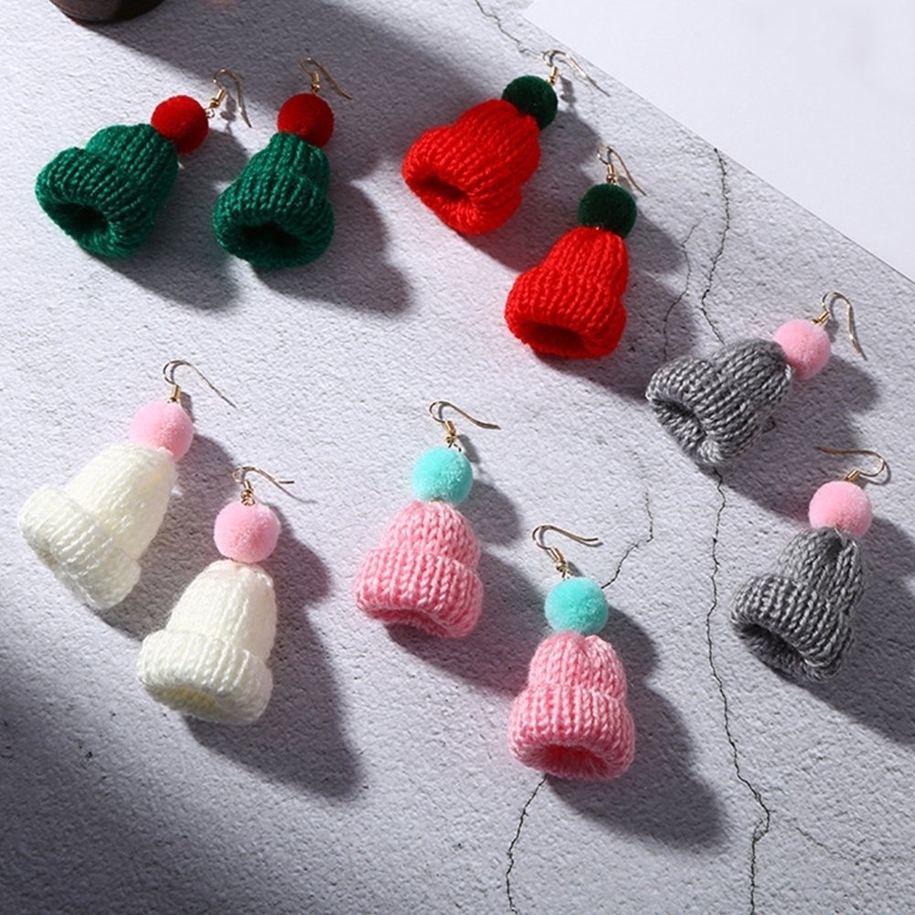 Sweet Women Pompom Beanie Hat Dangle Clip Hook Earrings Christmas Jewelry Gift Image 1