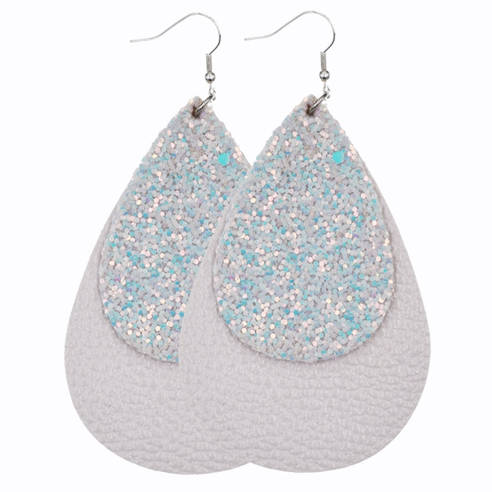 Glitter Sequins Teardrop Faux Leather Drop Dangle Statement Women Hook Earrings Image 2