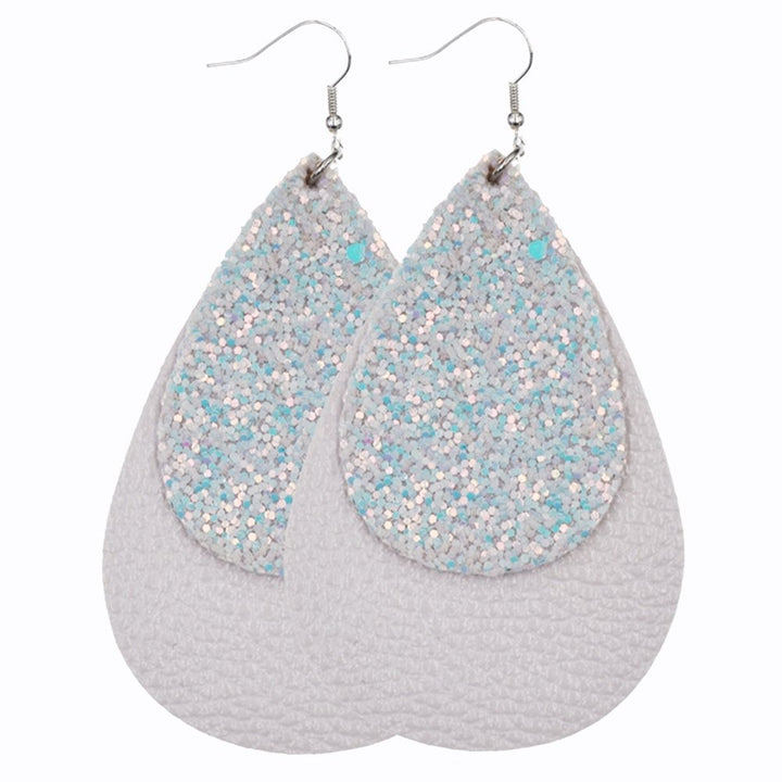 Glitter Sequins Teardrop Faux Leather Drop Dangle Statement Women Hook Earrings Image 1