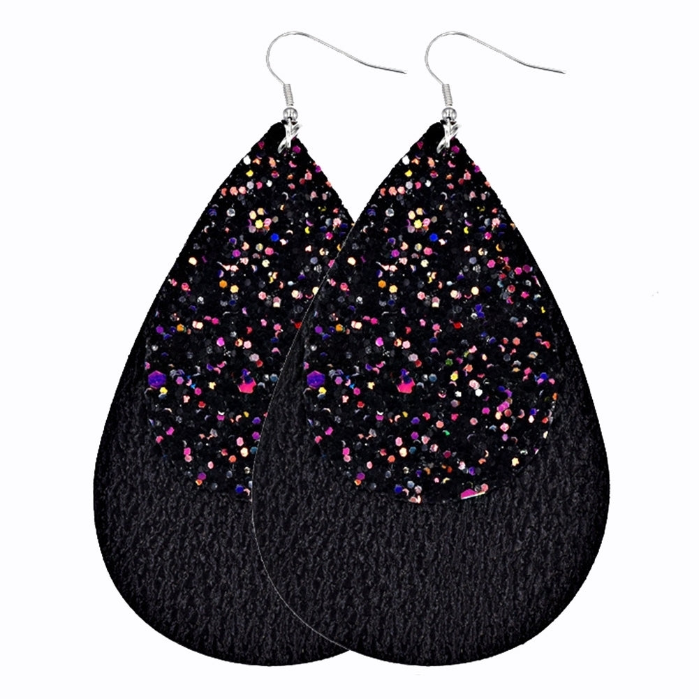 Glitter Sequins Teardrop Faux Leather Drop Dangle Statement Women Hook Earrings Image 3