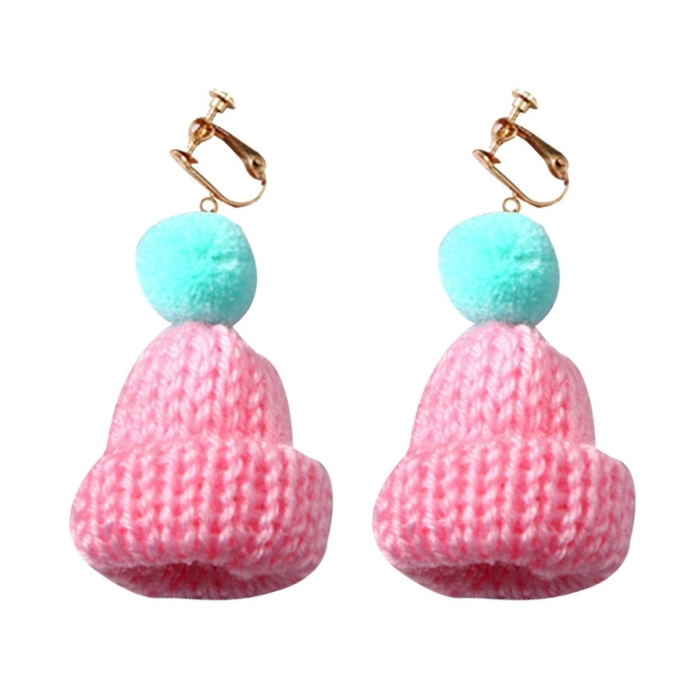 Sweet Women Pompom Beanie Hat Dangle Clip Hook Earrings Christmas Jewelry Gift Image 3