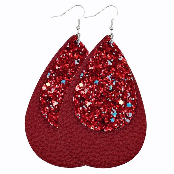 Glitter Sequins Teardrop Faux Leather Drop Dangle Statement Women Hook Earrings Image 4