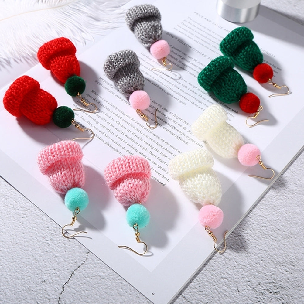 Sweet Women Pompom Beanie Hat Dangle Clip Hook Earrings Christmas Jewelry Gift Image 8