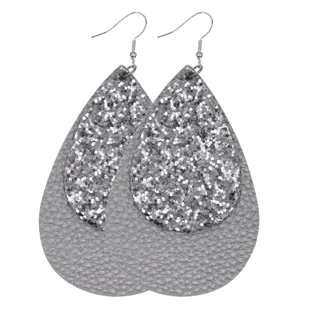 Glitter Sequins Teardrop Faux Leather Drop Dangle Statement Women Hook Earrings Image 1