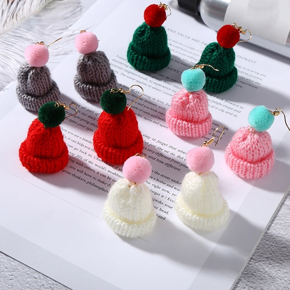 Sweet Women Pompom Beanie Hat Dangle Clip Hook Earrings Christmas Jewelry Gift Image 9