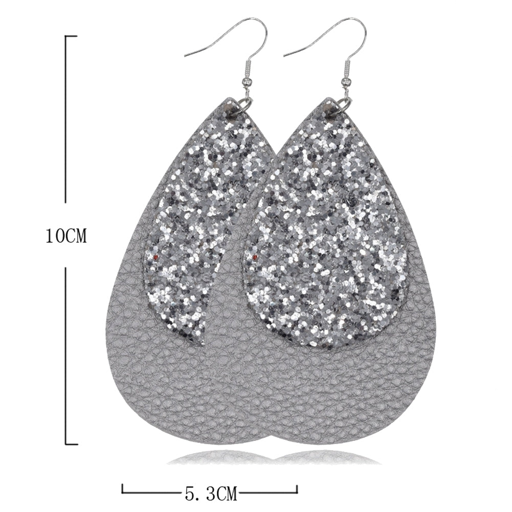 Glitter Sequins Teardrop Faux Leather Drop Dangle Statement Women Hook Earrings Image 10