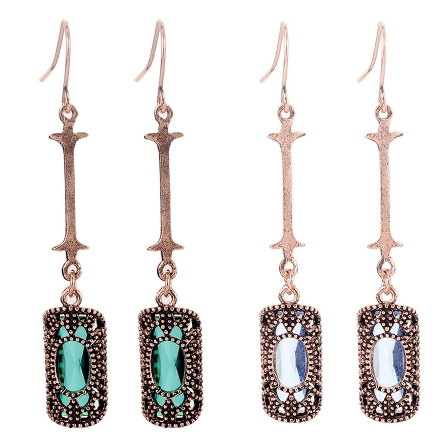 Retro Women Cubic Zirconia Inlaid Hollow Rectangle Long Bar Dangle Hook Earrings Image 1