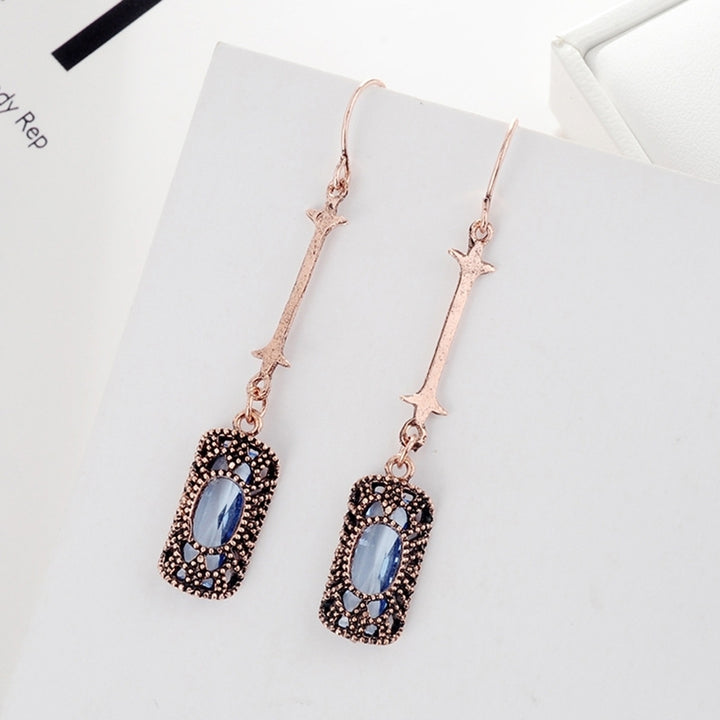 Retro Women Cubic Zirconia Inlaid Hollow Rectangle Long Bar Dangle Hook Earrings Image 3