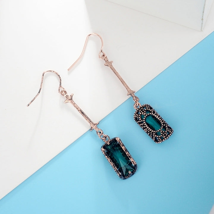 Retro Women Cubic Zirconia Inlaid Hollow Rectangle Long Bar Dangle Hook Earrings Image 4