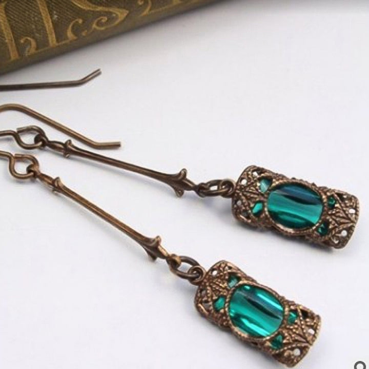 Retro Women Cubic Zirconia Inlaid Hollow Rectangle Long Bar Dangle Hook Earrings Image 7