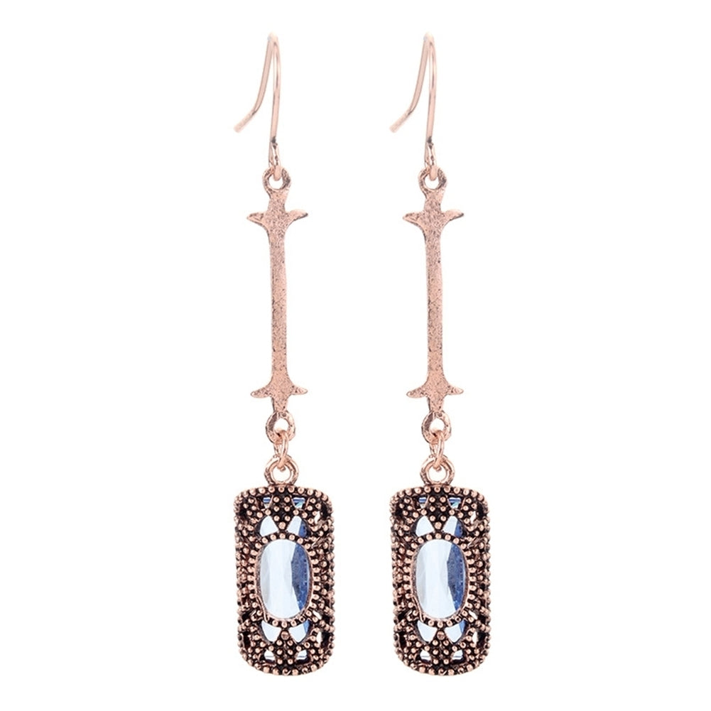 Retro Women Cubic Zirconia Inlaid Hollow Rectangle Long Bar Dangle Hook Earrings Image 9