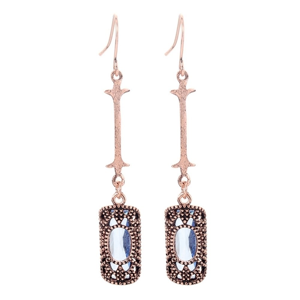 Retro Women Cubic Zirconia Inlaid Hollow Rectangle Long Bar Dangle Hook Earrings Image 1