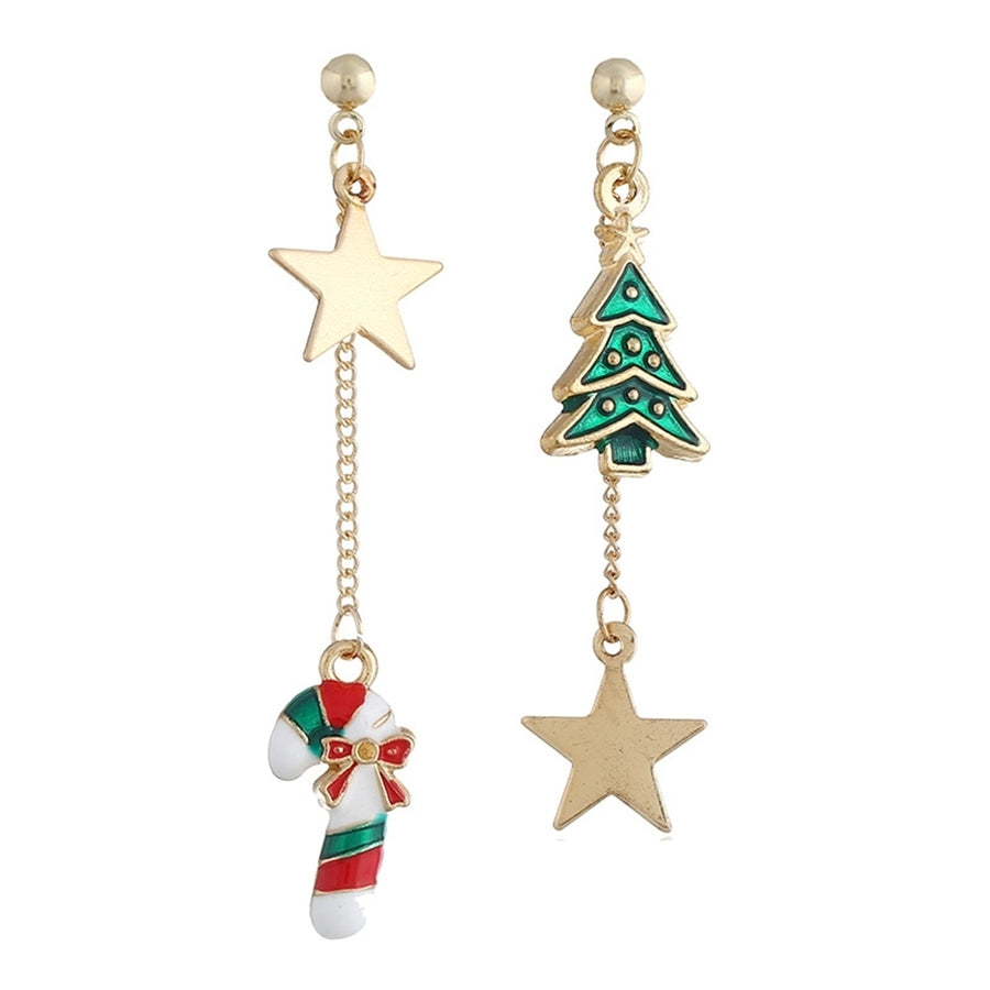 Women Christmas Tree Cane Star Dangle Asymmetric Stud Earrings Jewelry Xmas Gift Image 1