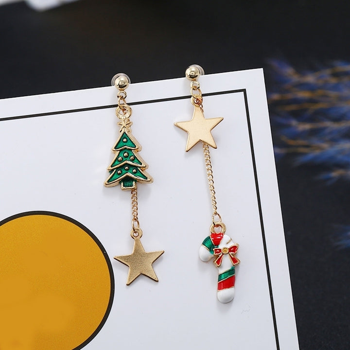 Women Christmas Tree Cane Star Dangle Asymmetric Stud Earrings Jewelry Xmas Gift Image 3