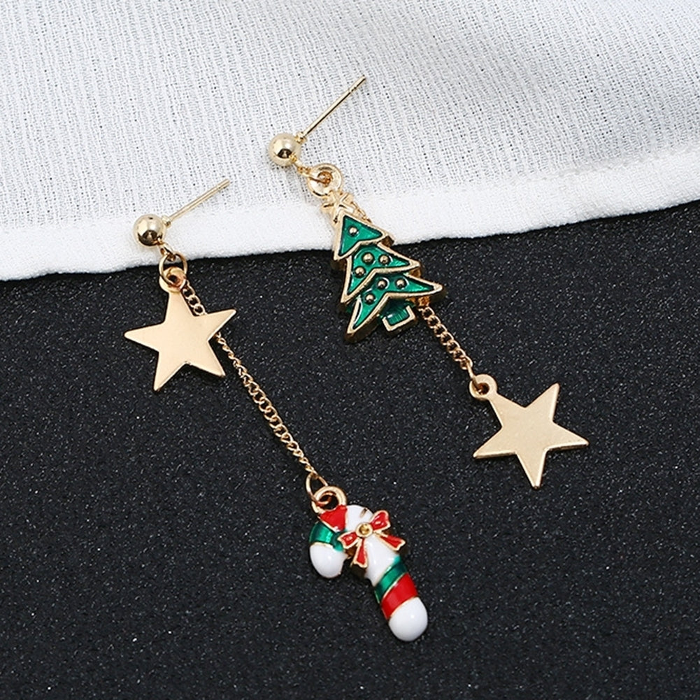 Women Christmas Tree Cane Star Dangle Asymmetric Stud Earrings Jewelry Xmas Gift Image 4