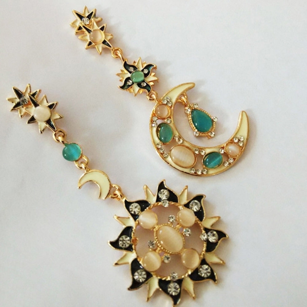 Fashion Women Rhinestone Star Sun Moon Charm Long Dangle Irregular Stud Earrings Image 2