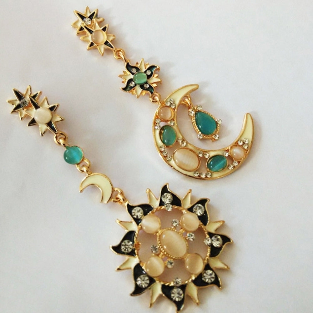 Fashion Women Rhinestone Star Sun Moon Charm Long Dangle Irregular Stud Earrings Image 2