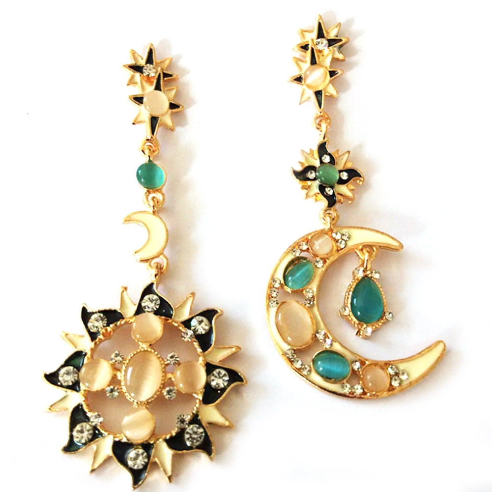 Fashion Women Rhinestone Star Sun Moon Charm Long Dangle Irregular Stud Earrings Image 3