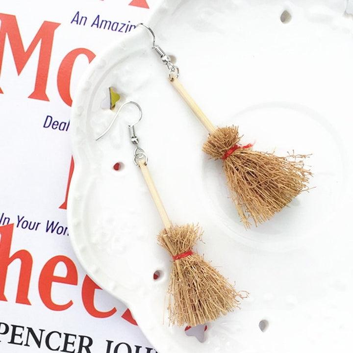 Creative Women Alloy Wooden Broom Ear Clips Hook Earrings Jewelry Accessory Image 4