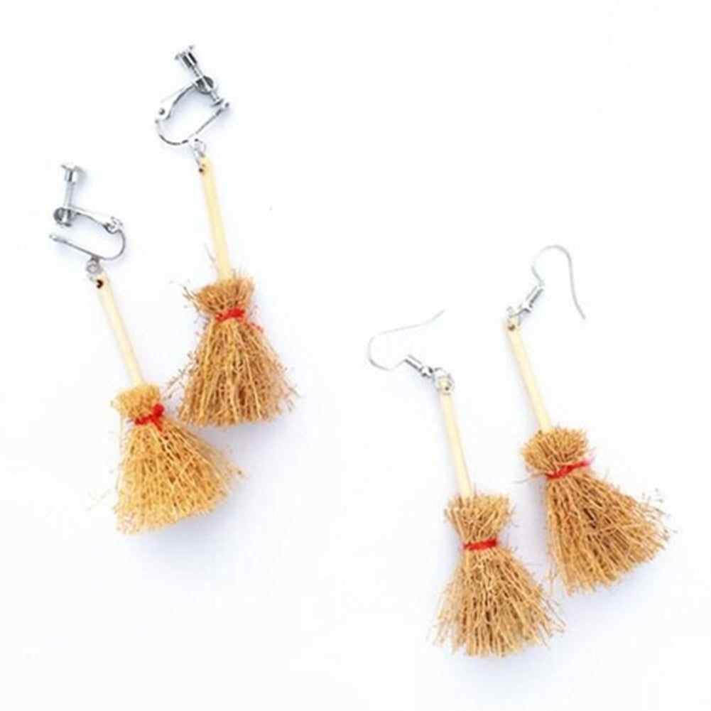 Creative Women Alloy Wooden Broom Ear Clips Hook Earrings Jewelry Accessory Image 12