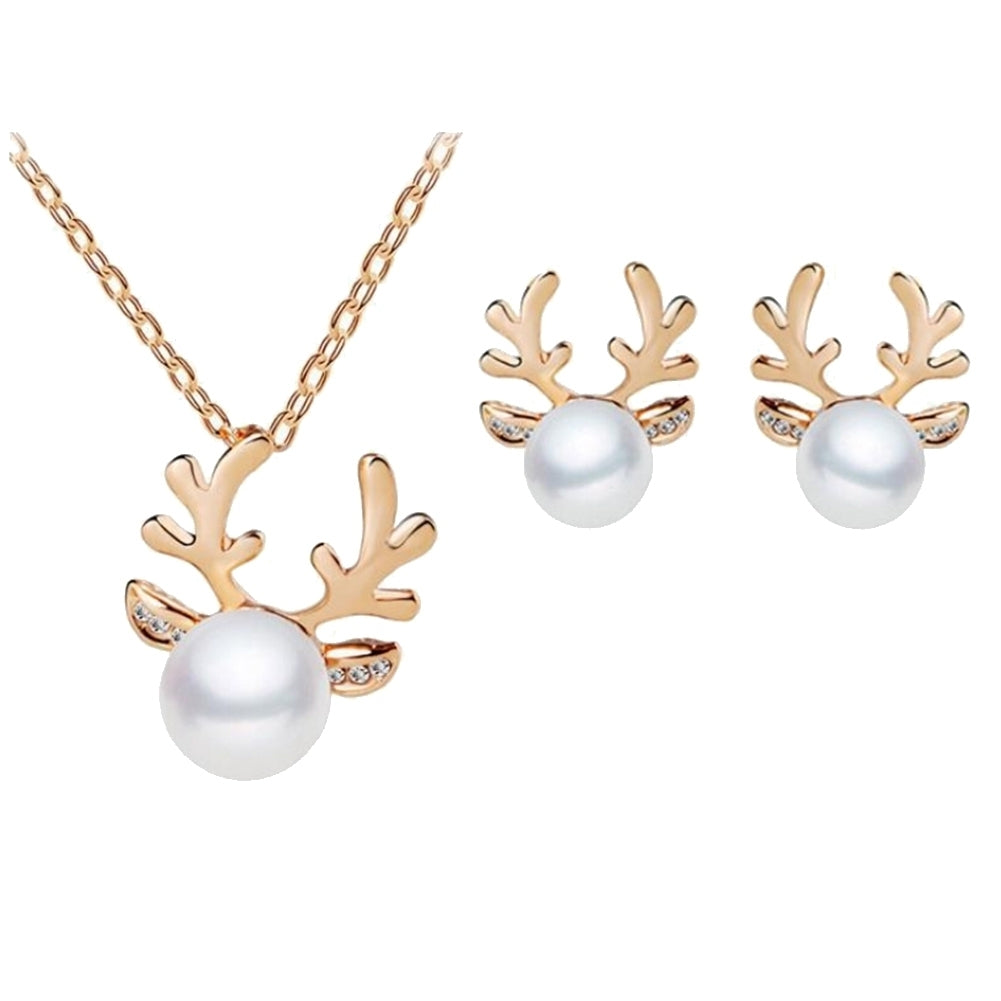 Faux Pearl Inlaid Christmas Deer Antlers Necklace Earrings Women Jewelry Gift Image 1