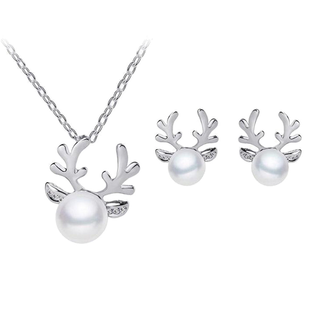 Faux Pearl Inlaid Christmas Deer Antlers Necklace Earrings Women Jewelry Gift Image 2