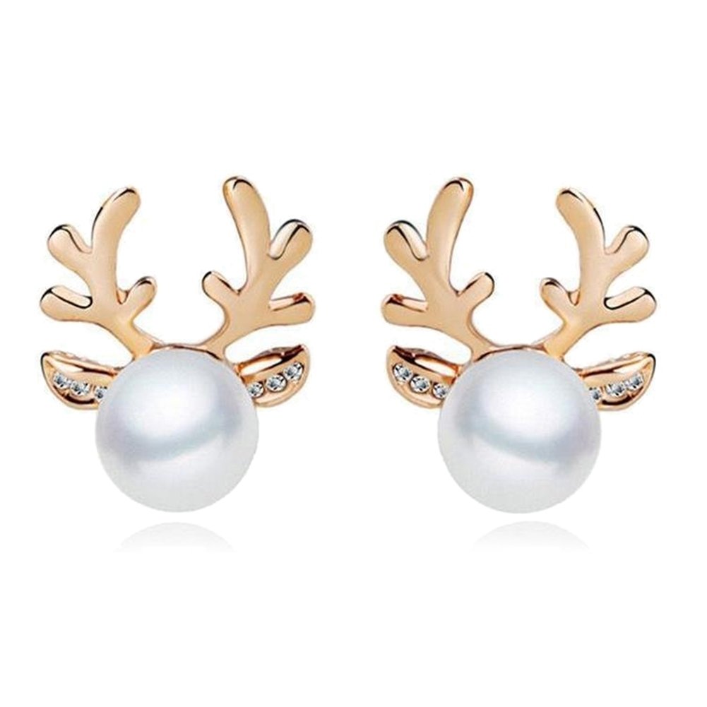 Faux Pearl Inlaid Christmas Deer Antlers Necklace Earrings Women Jewelry Gift Image 1