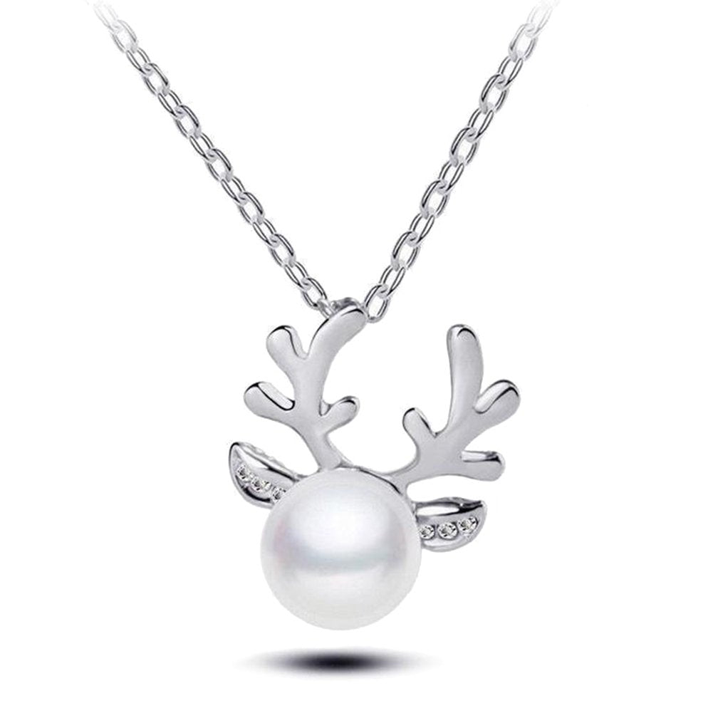 Faux Pearl Inlaid Christmas Deer Antlers Necklace Earrings Women Jewelry Gift Image 1